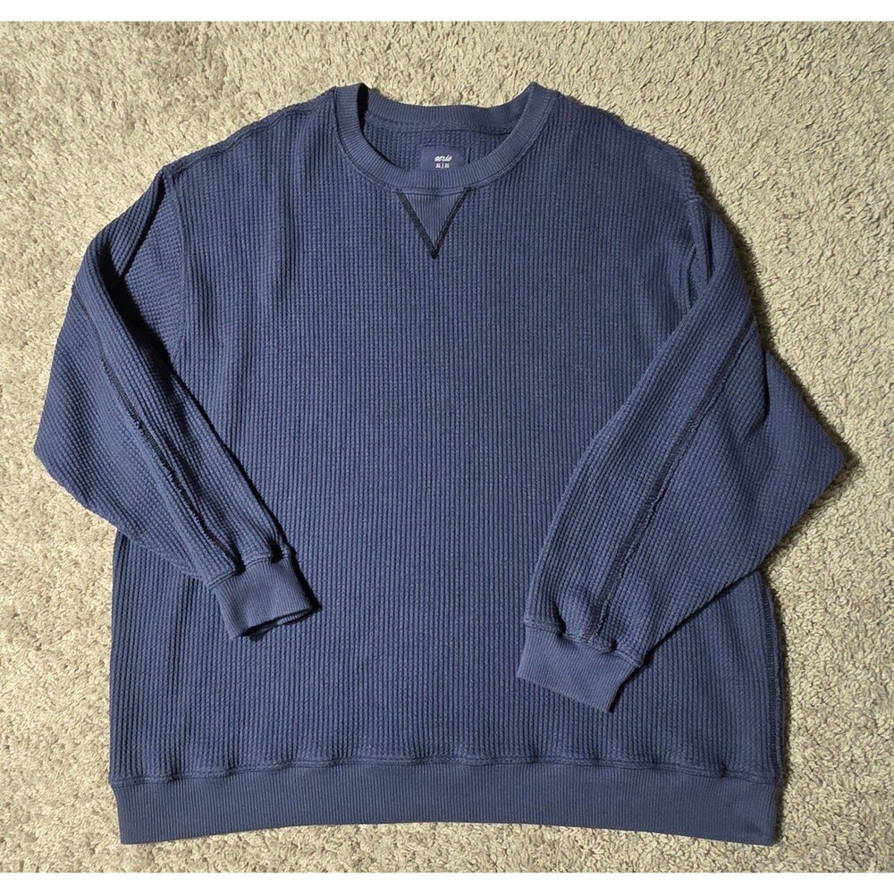 Aerie Big Chill Textured Waffle Knit Crew Sweatshirt Blue Women's XL